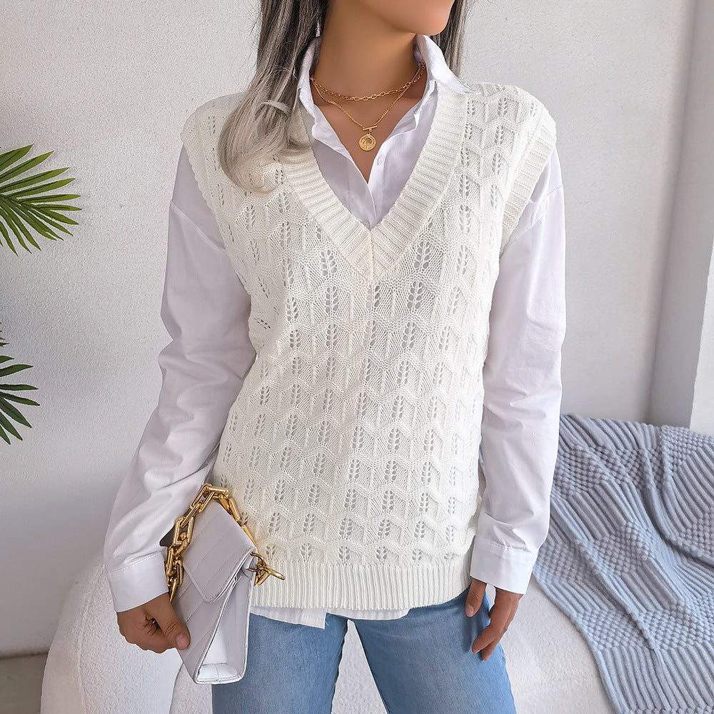 Autumn Winter Solid Hollow Wave V-Neck Knit Tank Top Sweater - Mammalook