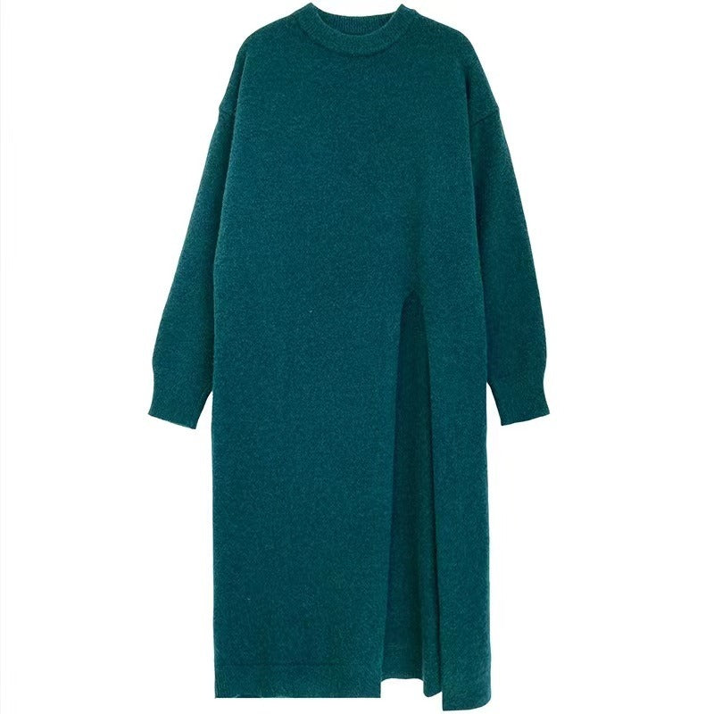 Women's Autumn New Dress O-neck Long Sleeve Loose Knitted Irregular High Split Pullover Sweater Dresses - Mammalook