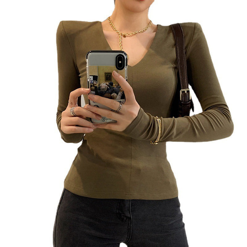 Basic Korean Style Shoulder Pads Sexy Lady Women's Spring Autumn T-shirt Short Tops - Mammalook