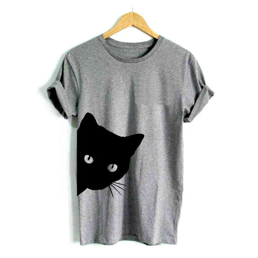 Cat Looking Out Side Funny T-Shirt Women's Cotton Casual Top Tee - Mammalook