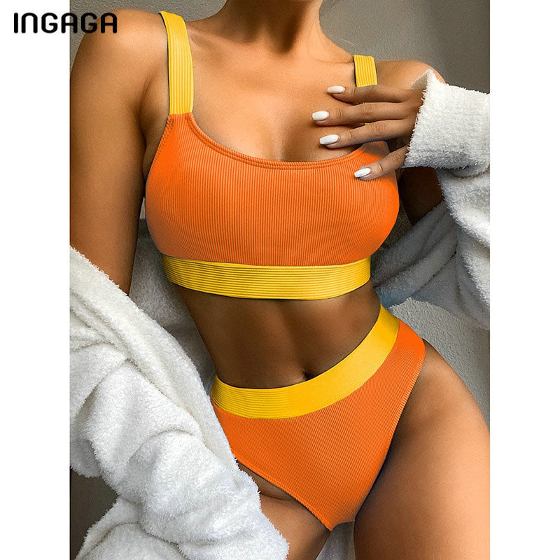 High Waist Bikinis Swimsuits Bandeau Swimwear Women Splicing Biquini Beachwear Sports Ribbed Bathing Suits New - Mammalook
