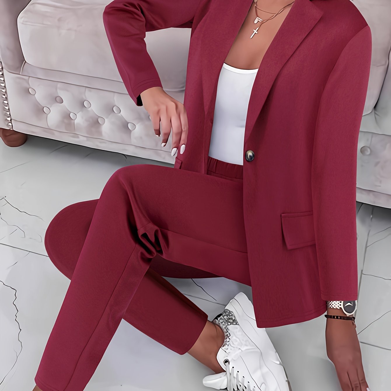Casual Office & Work Pants Set, Single Breasted Lapel Blazer & Solid Color Simple Pants, Women's Clothing - Mammalook