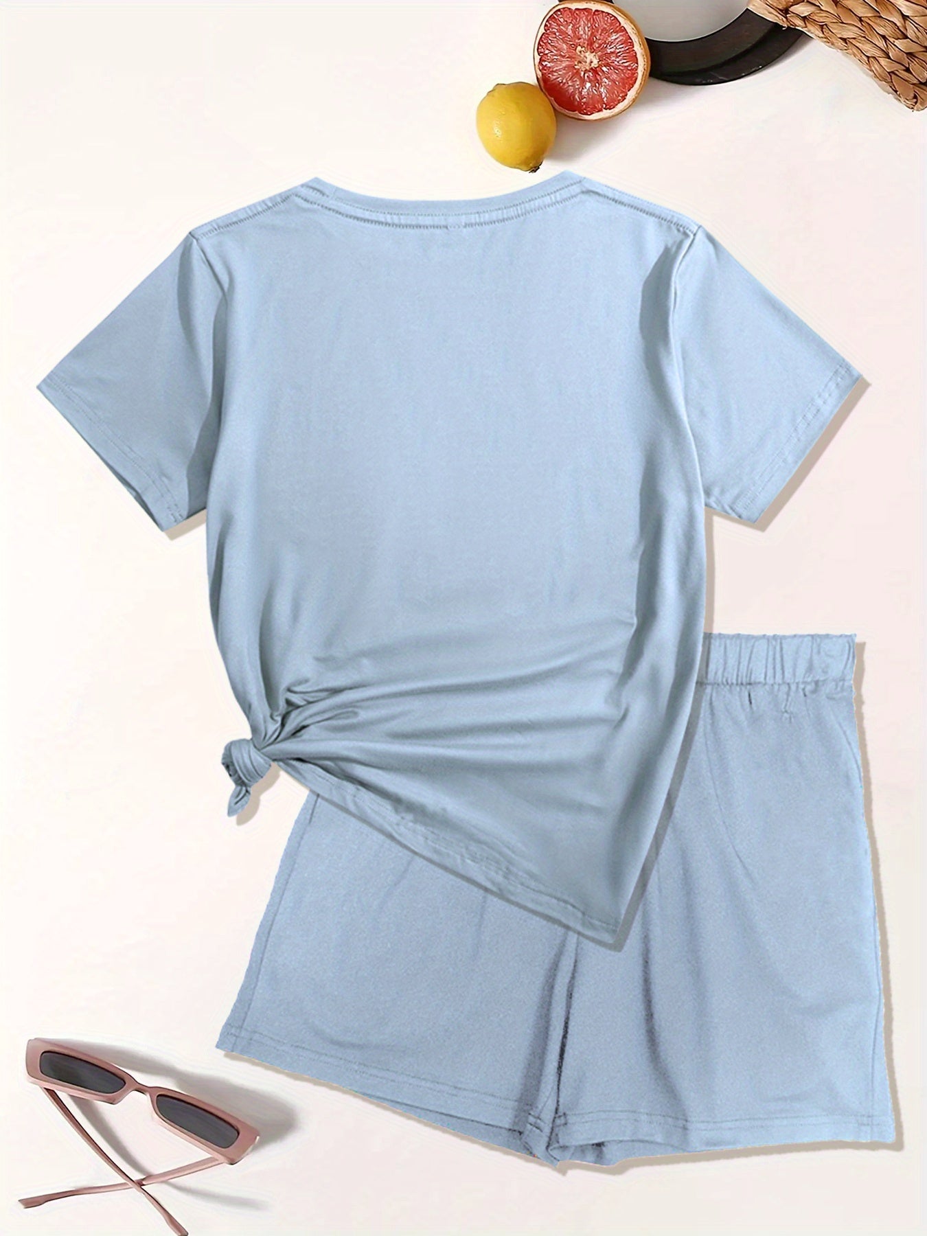 Heart Print Casual Two Piece Set, Crew Neck Short Sleeve T-shirt & Elastic Waist Slant Pocket Shorts Outfits, Women's Clothing - Mammalook