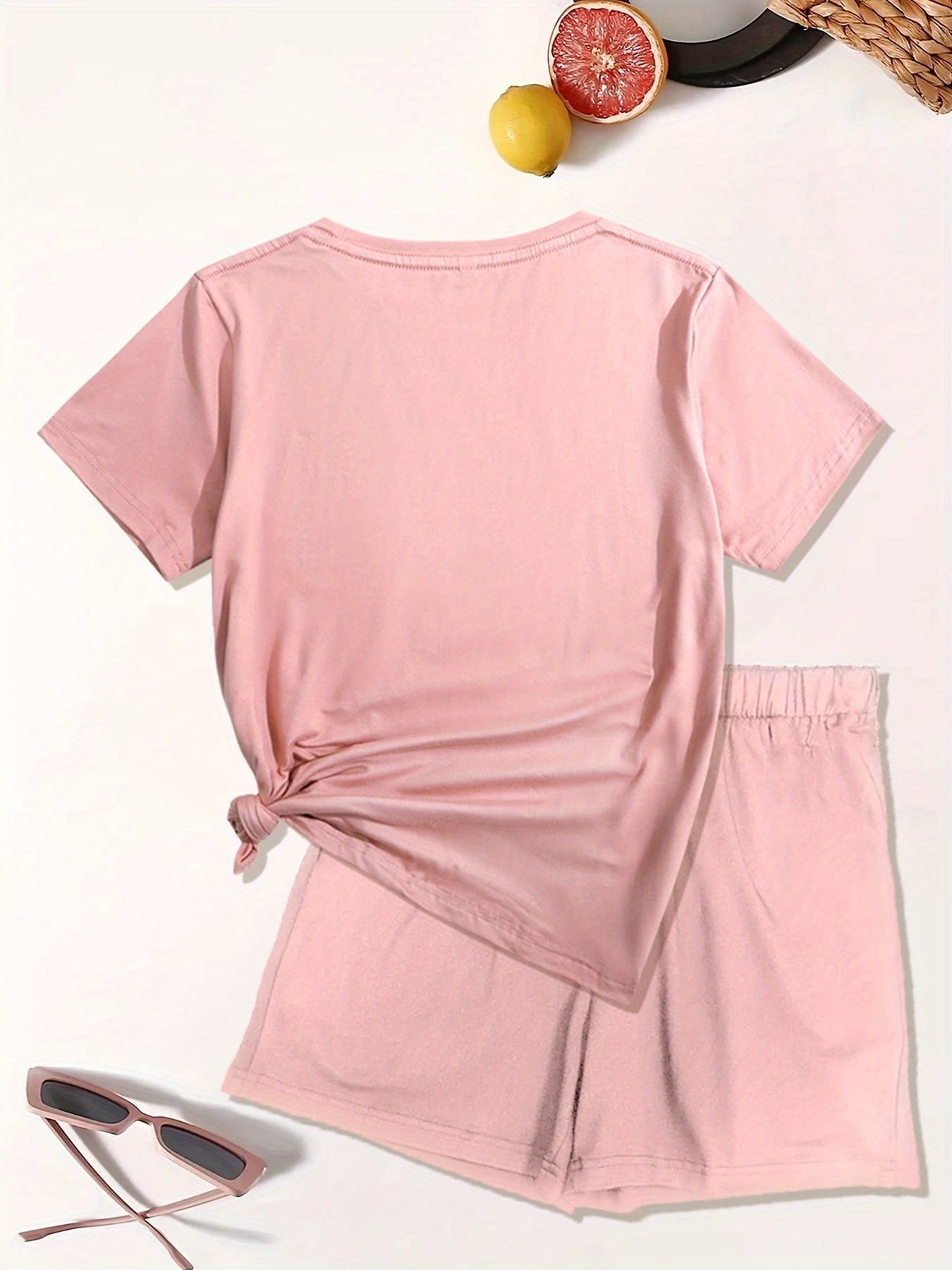 Women's Casual Two-Piece Set: 'Paris' Print Crew Neck Short Sleeve T-Shirt & Elastic Waist Slant Pocket Shorts - Mammalook
