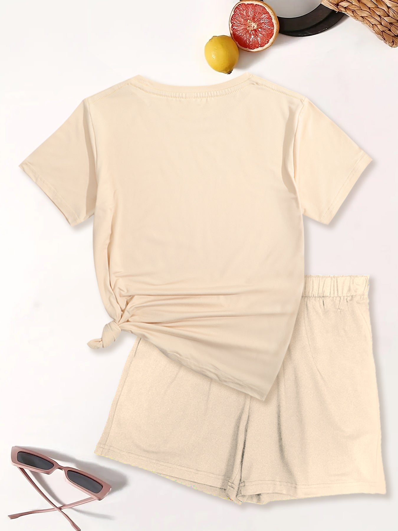 Women's Casual Two-Piece Set: 'Paris' Print Crew Neck Short Sleeve T-Shirt & Elastic Waist Slant Pocket Shorts - Mammalook