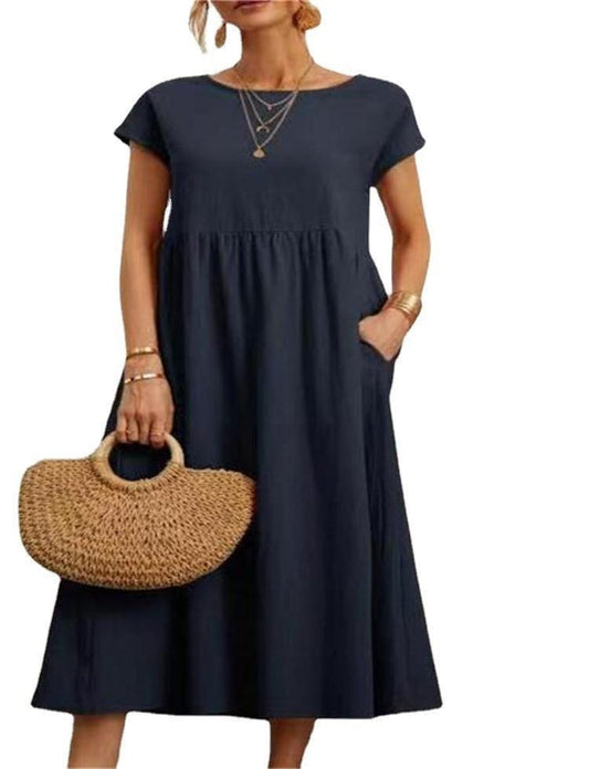 Solid color sleeveless loose pocket cotton linen dress - Mammalook