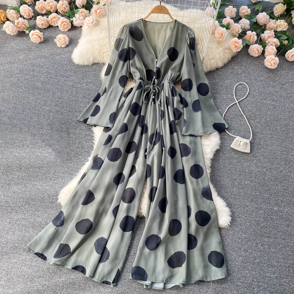 Tingfly Women France Chi Polka Dot Print Bohemian Casual Wide Leg Trousers Jumpsuits Chiffon Summer Boho Beach Style Overalls - Mammalook
