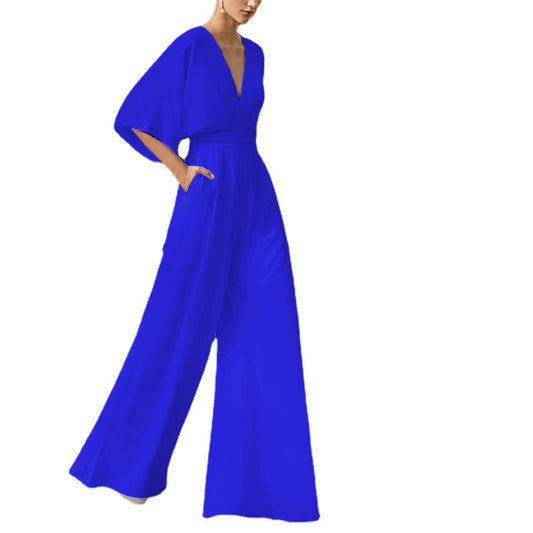 Jumpsuit deep V-high waist wide leg long pants women's dress - Mammalook