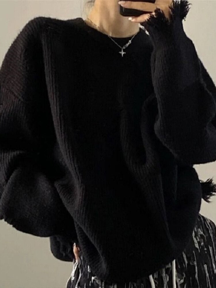 New Fall And Winter Design Sense Niche Retro Japanese Lazy Style Senior Sense Loose Black Sweater - Mammalook