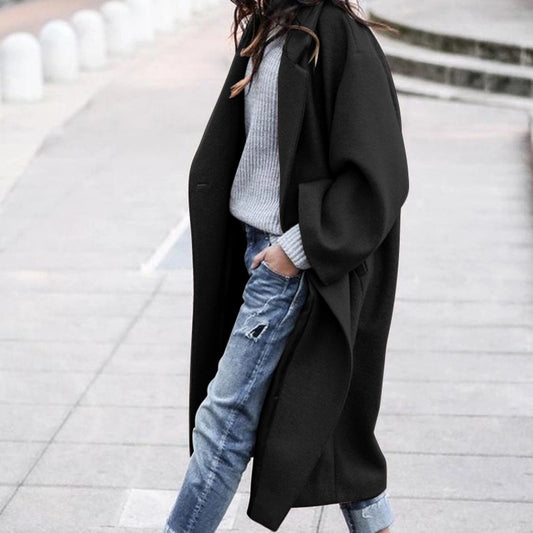 Women's Casual Long Solid Color Woollen Jacket - Mammalook