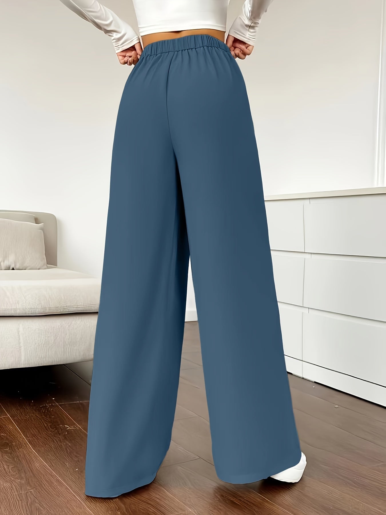 Solid Color High Waist Pants, Elegant Dual Pockets Wide Leg Pants For Spring & Summer, Women's Clothing - Mammalook