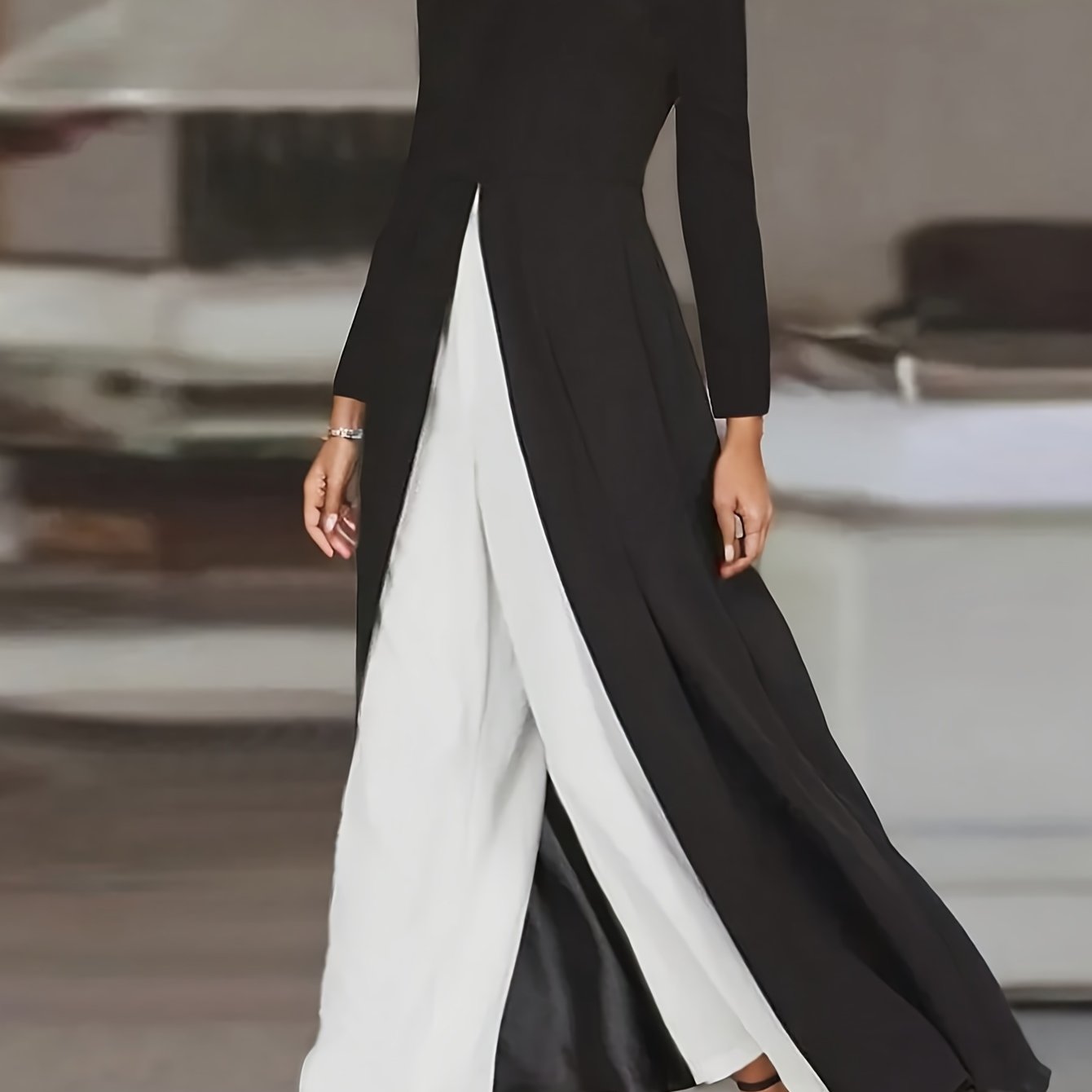 Elegant Color Block Pants Set, Long Sleeve Crew Neck Split Hem Ankle Length Top & Wide Leg Pants Outfits, Women's Clothing - Mammalook