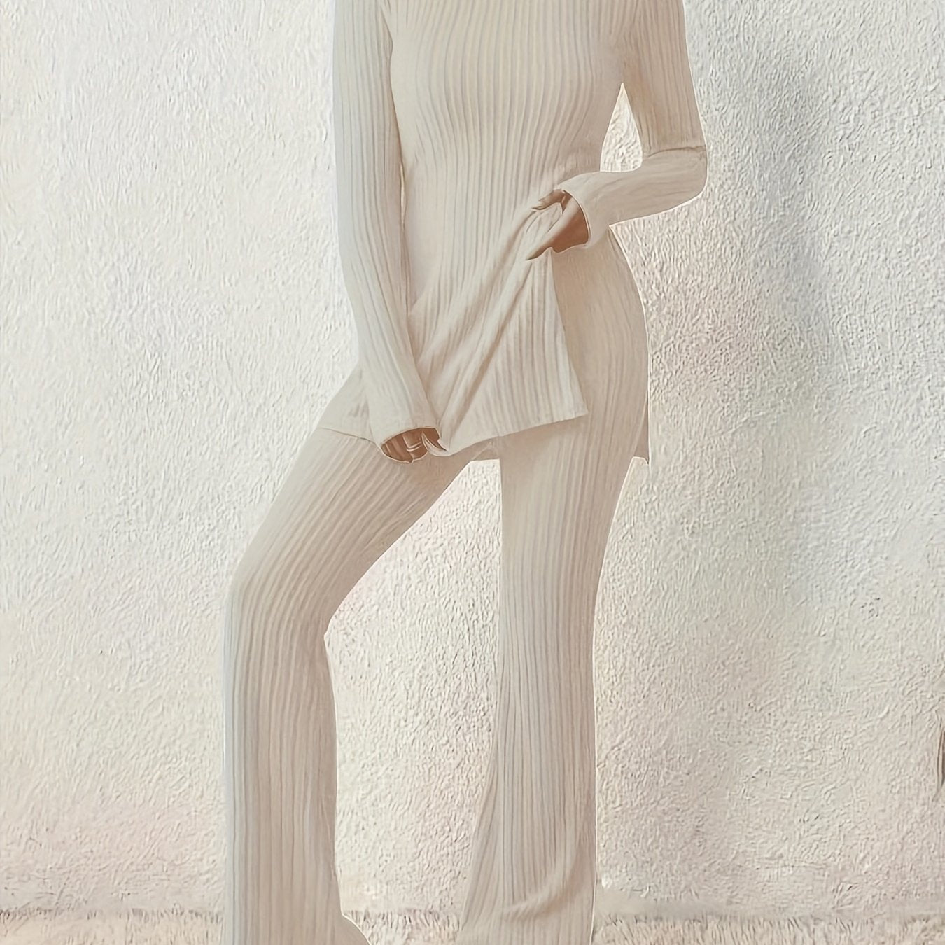 Ribbed Solid Two-piece Set, Split Crew Neck Long Sleeve Tops & Flared Leg Pants Outfits, Women's Clothing - Mammalook