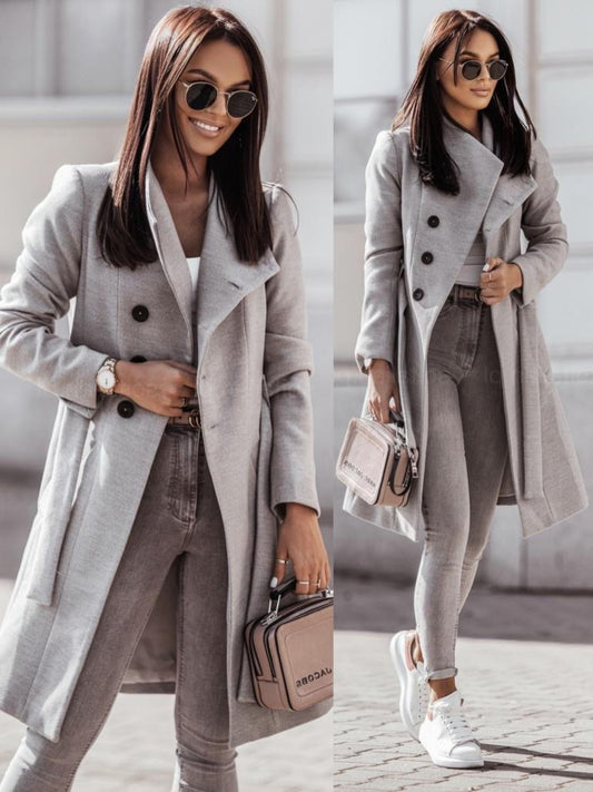 New women's woolen coat with solid color straps, medium length woolen coat - Mammalook