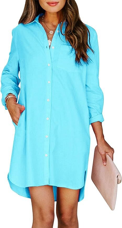 Women's button up shirt dress with pockets, cotton button up waist tied long sleeved solid color high and low shirt - Mammalook