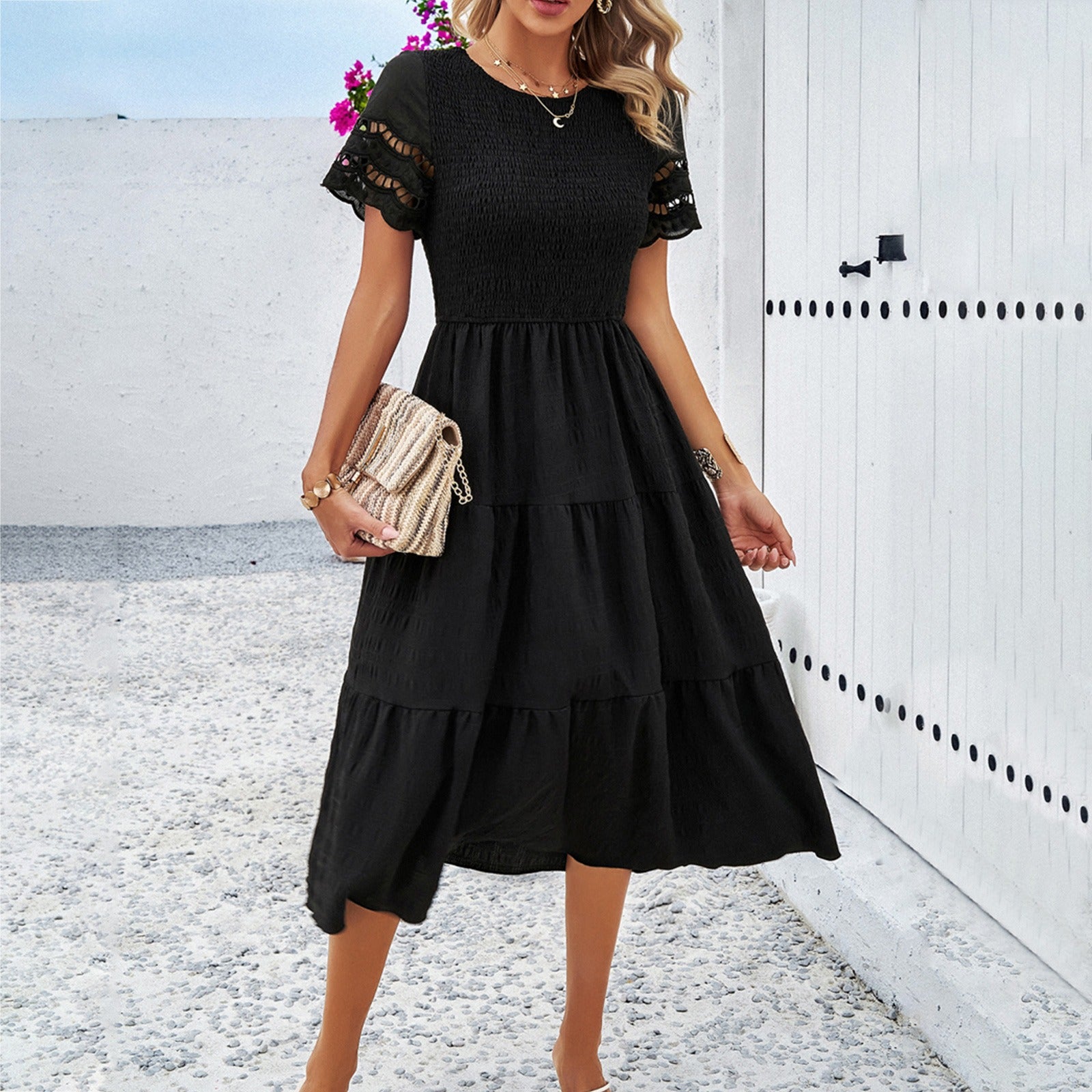 Spring and summer pure color temperament play sheath hollow dress - Mammalook