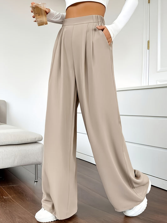 Solid Color High Waist Pants, Elegant Dual Pockets Wide Leg Pants For Spring & Summer, Women's Clothing - Mammalook