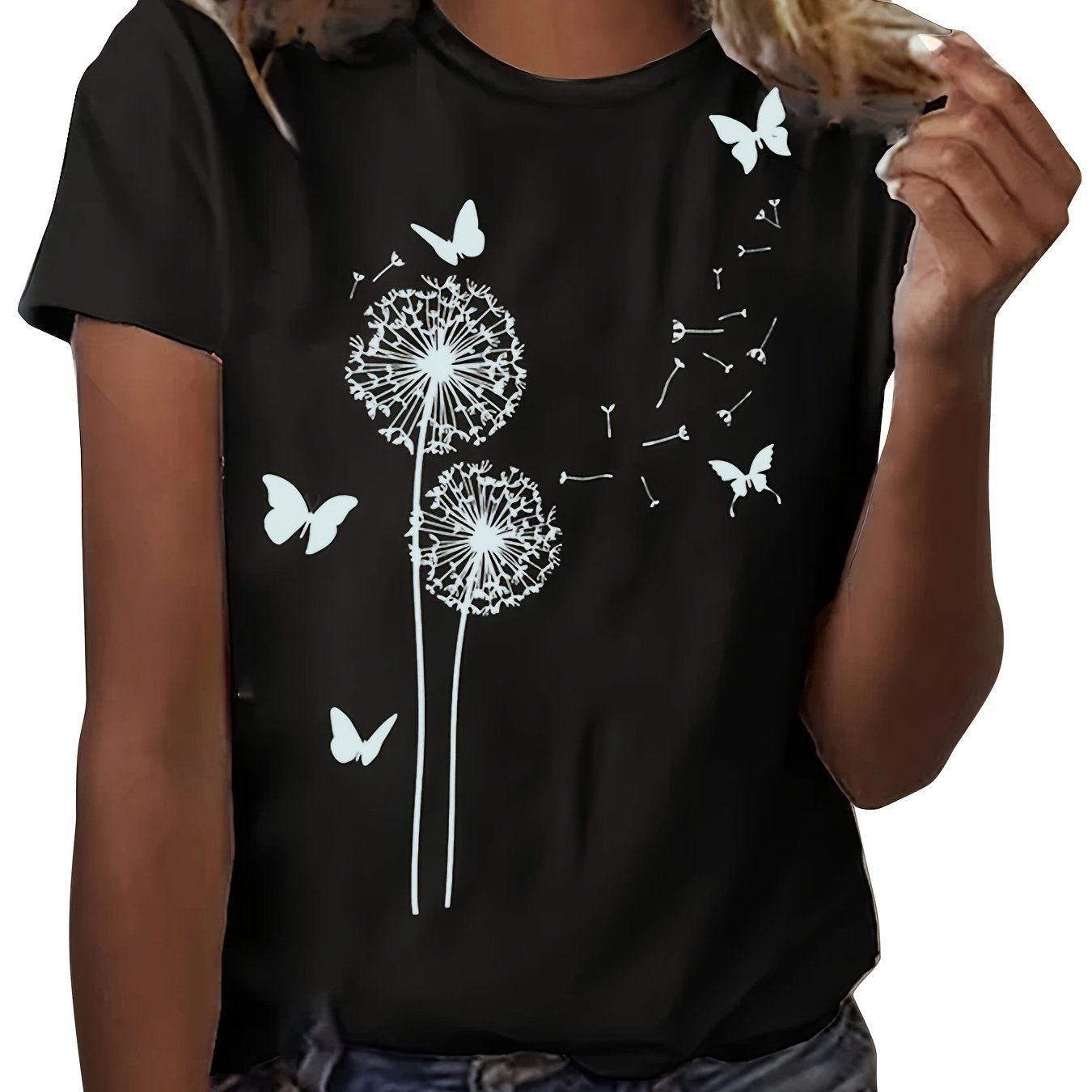 Dandelion & Butterfly Print T-Shirt, Casual Crew Neck Short Sleeve Top For Spring & Summer, Women's Clothing - Mammalook