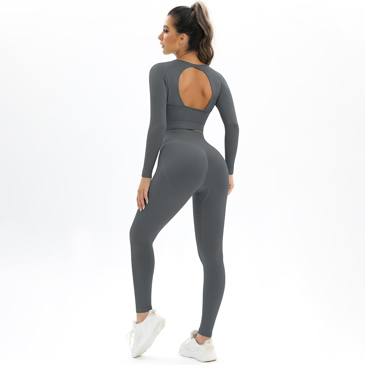 Peach Seamless Knitting Backless High Elastic Long Sleeve Yoga Suit Sports Running Fitness Two-Piece Set For Women - Mammalook
