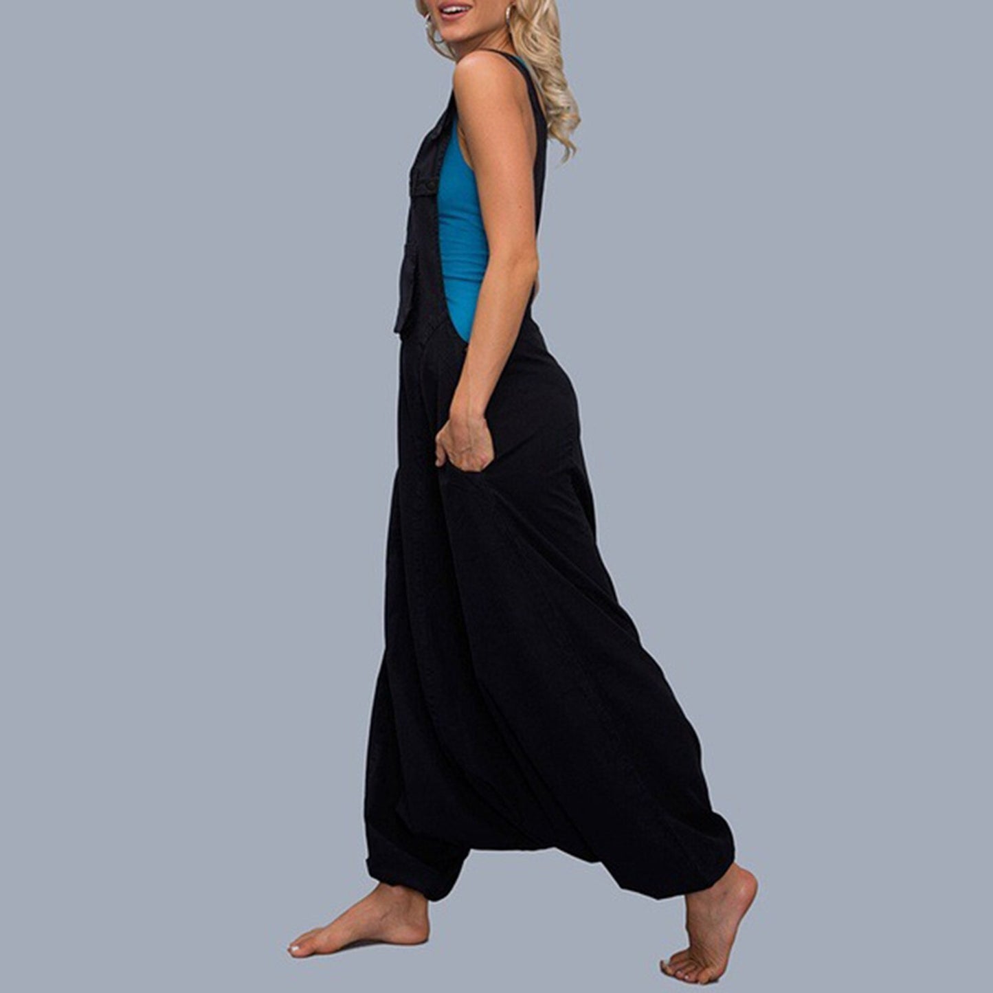 Womens Loose Jumpsuits Harem Pants Wide Leg Pants Sleeveless Pockets Bib Jumpsuit Siamese Trousers For Ladies Large Size S-2XL - Mammalook