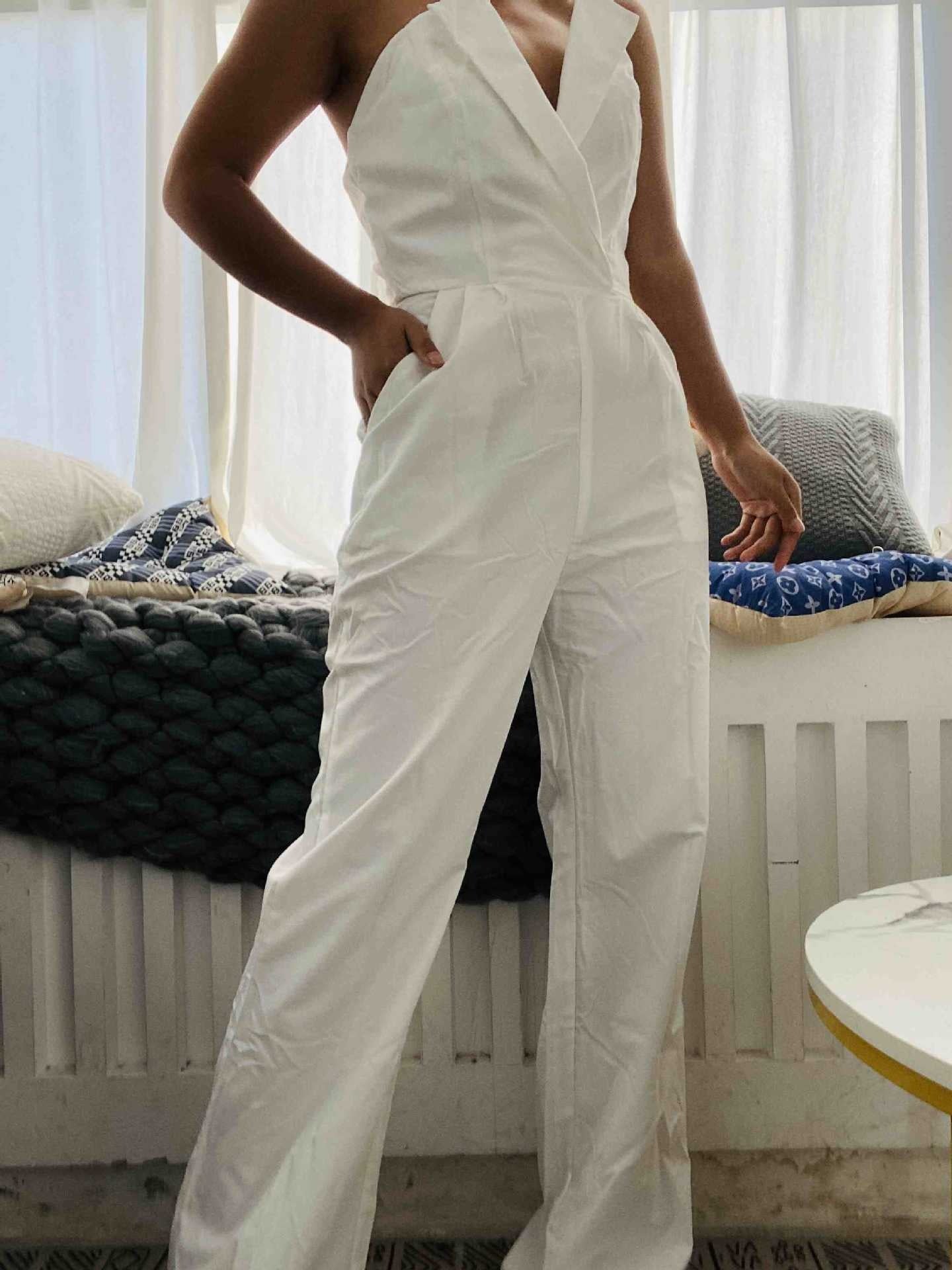 Jumpsuit with slanted collar and mid waist for a stylish commuting jumpsuit - Mammalook