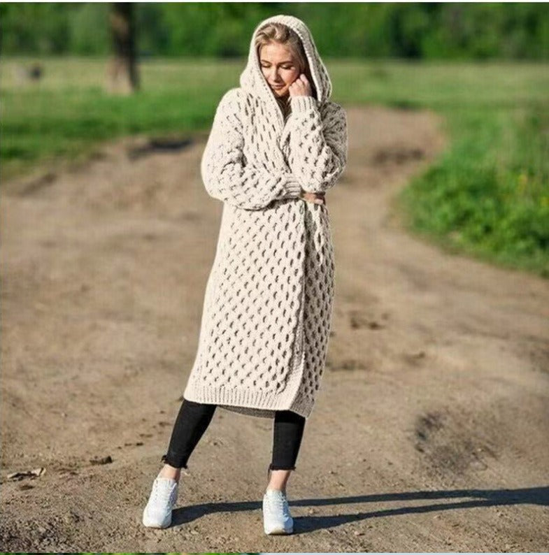 New Solid Color Women's Long Knitted Sweater Hooded Cardigan Coat - Mammalook