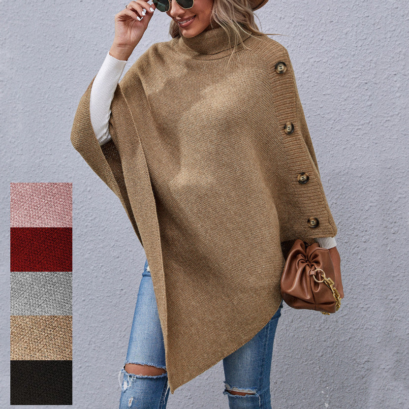 Button High Collar Irregular Sweater Cape for Women - Mammalook