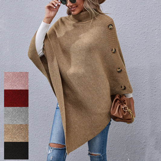 Button High Collar Irregular Sweater Cape for Women - Mammalook