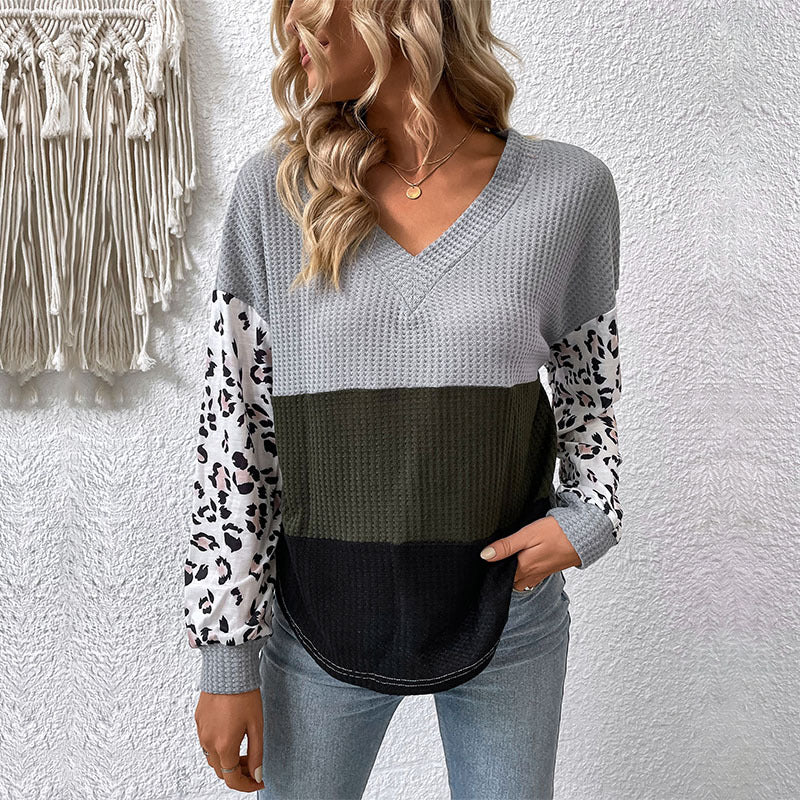 New Casual Fashion Top Long Sleeve V-Neck Leopard Print Contrast Knit Sweater - Mammalook