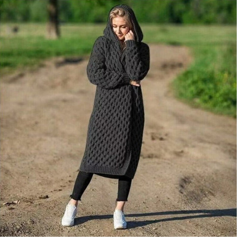 New Solid Color Women's Long Knitted Sweater Hooded Cardigan Coat - Mammalook