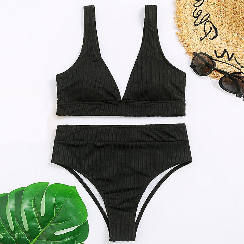 Peachtan Sexy solid ribbed bikinis 2021 mujer High waist swimsuit women V neck swimwear female Sport bathing suit Stripe biquini - Mammalook