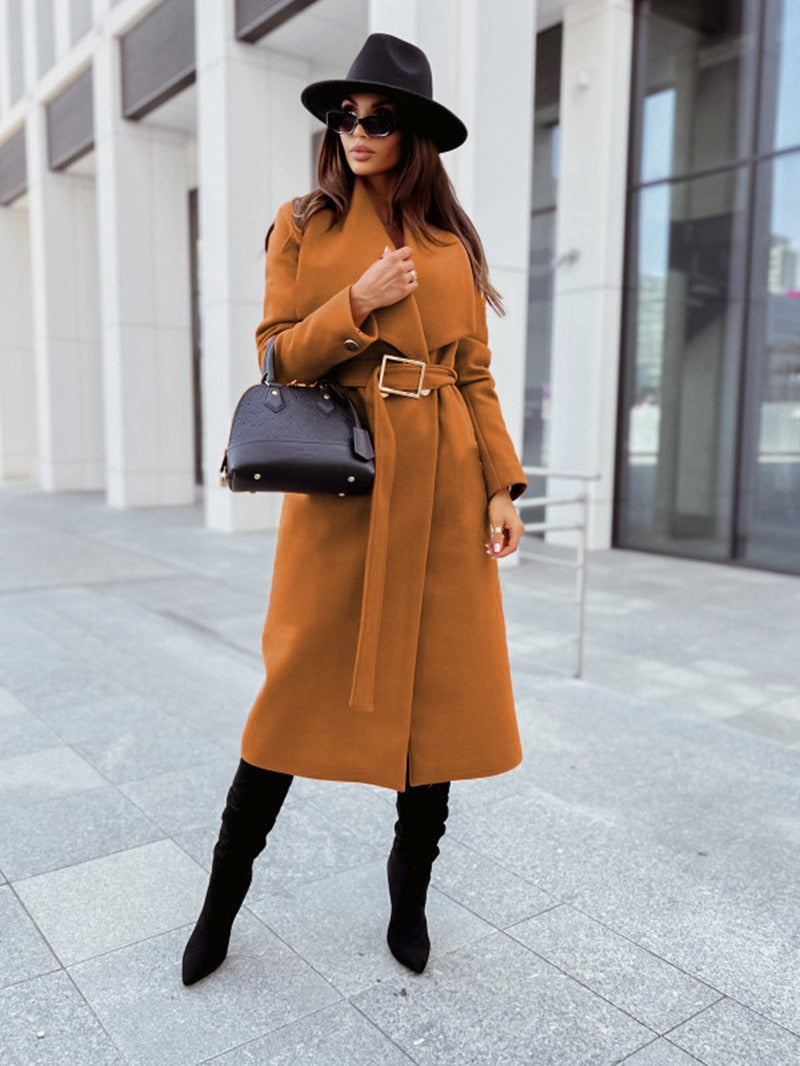 New autumn and winter minimalist long sleeved button up V-neck tied woolen jacket for women - Mammalook
