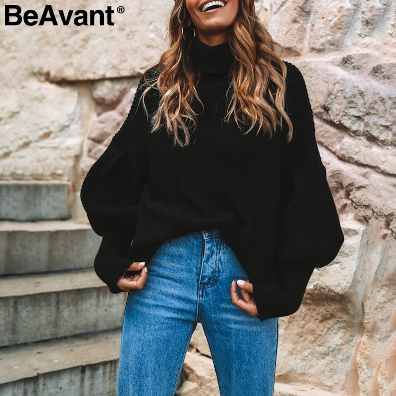 Turtleneck red winter sweater women knit Lantern sleeve white sweater female Loose oversized pullover knitted jumper - Mammalook