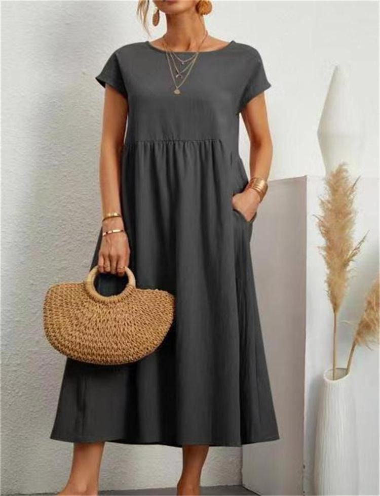 Solid color sleeveless loose pocket cotton linen dress - Mammalook