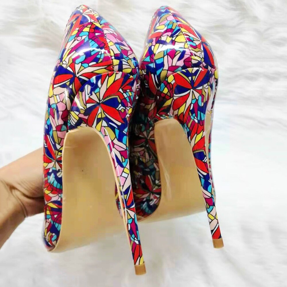Tikicup Black Graphic Printed Women Pointy Toe High Heel Shoes Ladies Slip On Stiletto Pumps Plus Size 43 44 45 8cm 10cm 12cm - Mammalook