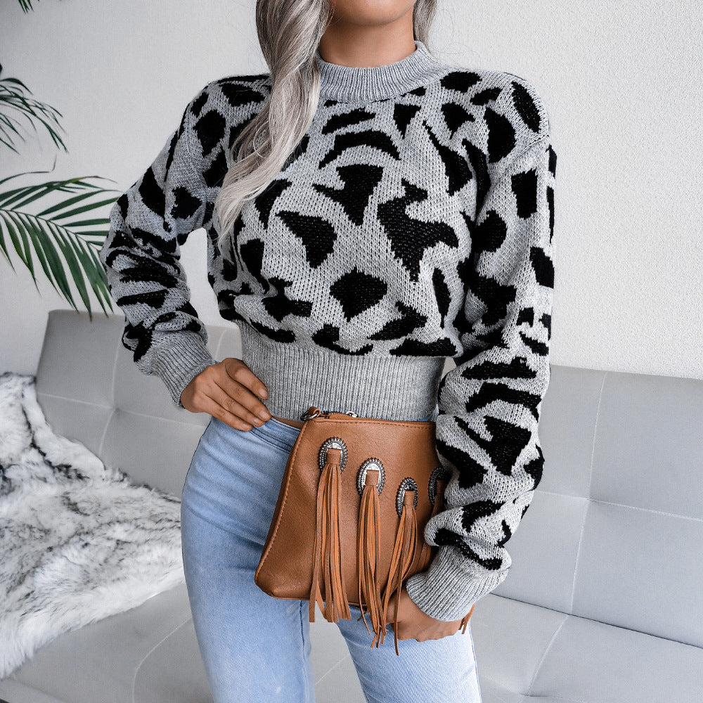 Casual Leopard Print Knit Sweater with Open Neck - Mammalook