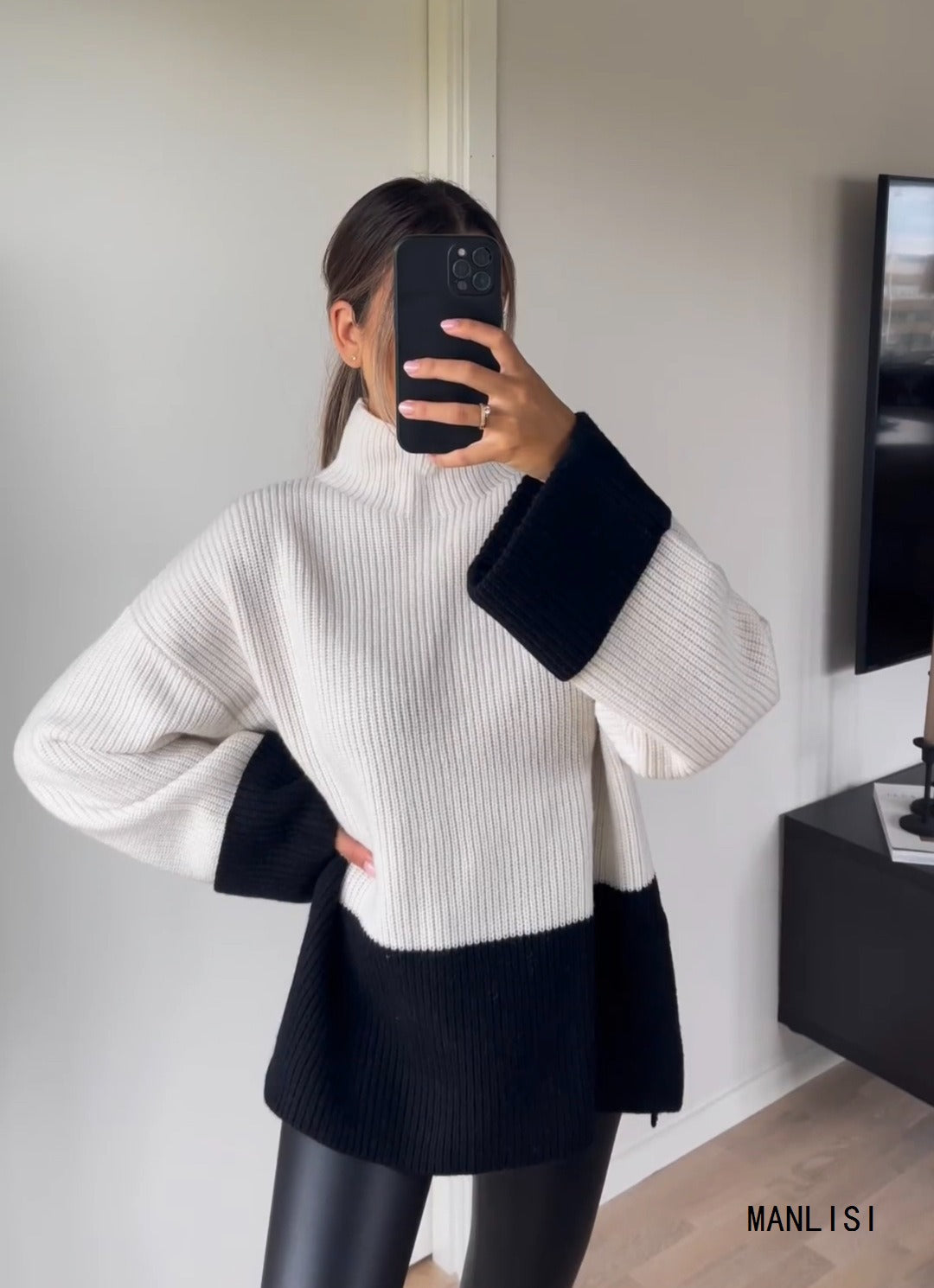 Women Knitted Patchwork Sweaters Slim Pullovers Mock Neck Long Sleeve Female Top - Mammalook