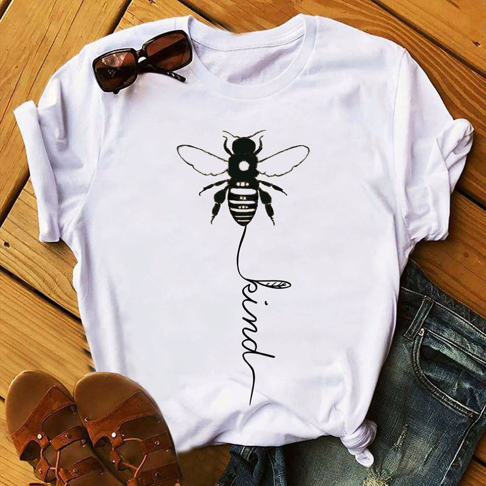 Cotton T Shirt Bee Kind Print Women Short Sleeve O Neck Loose Tshirt Summer Tee Shirt Tops - Mammalook