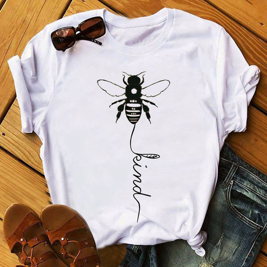 Cotton T Shirt Bee Kind Print Women Short Sleeve O Neck Loose Tshirt Summer Tee Shirt Tops - Mammalook