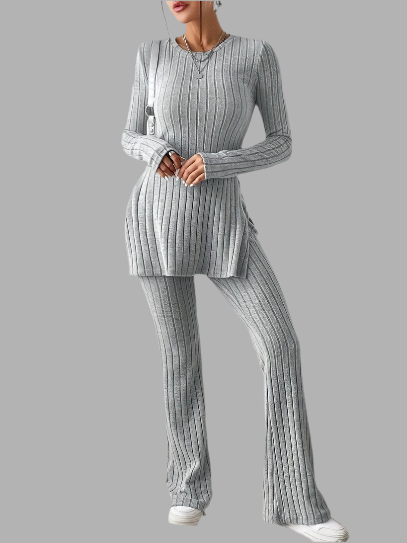Ribbed Knit Loungewear Set – Long Sleeve Top & Trousers