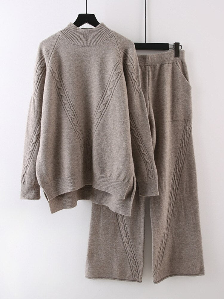Woman Knitted Suit Hemp Pattern Irregular Thick Pullover Sweater Wide Leg Pants Casual Style New Autumn Fashion - Mammalook