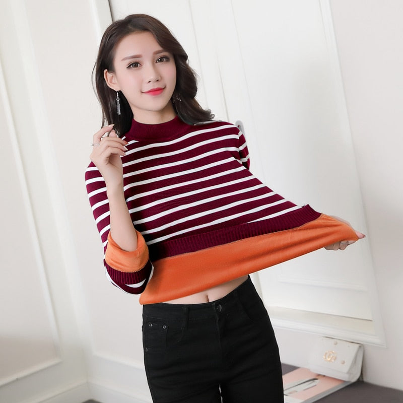 Women Thick Warm Sweaters Thermal Underwear Long Johns Solid O-neck Velvet Jumper Sweaters For Women Winter - Mammalook