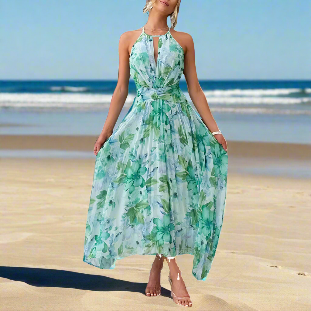 Women's Sleeveless Halter V-Neck Maxi Dress –