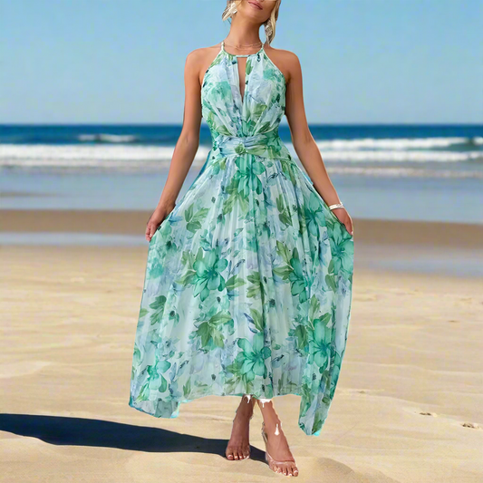 Women's Sleeveless Halter V-Neck Maxi Dress –