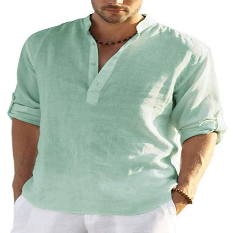 Mens Linen Long Sleeved T Shirt Loose Sweatshirt Solid Color Long Sleeved Cotton Linen Shirt Mens Large - Mammalook