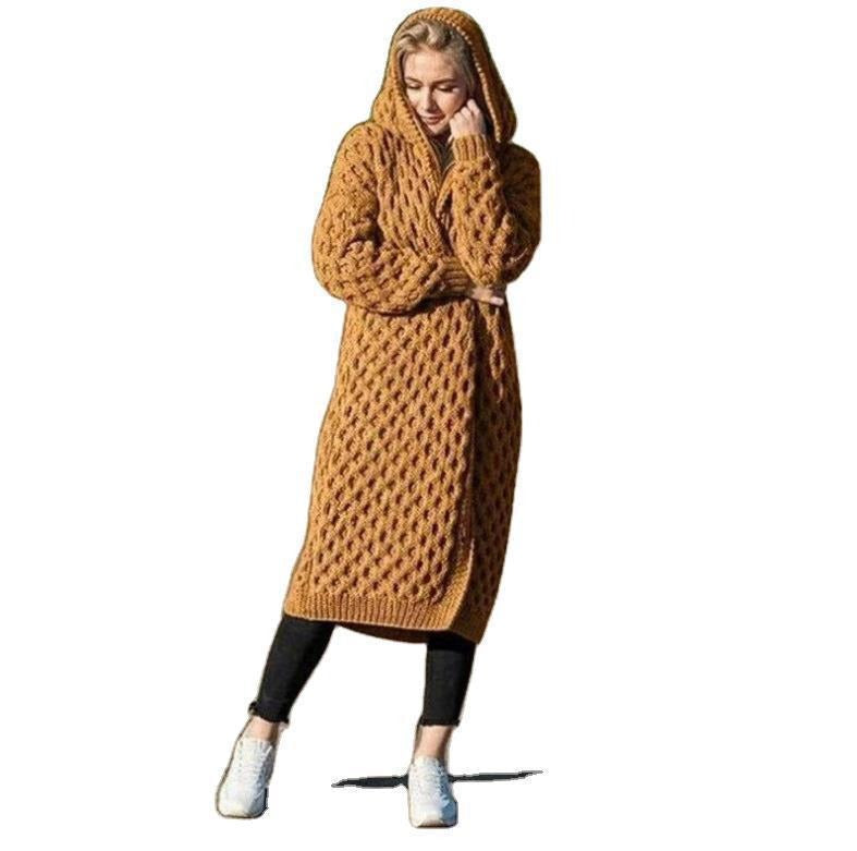 New Solid Color Women's Long Knitted Sweater Hooded Cardigan Coat - Mammalook