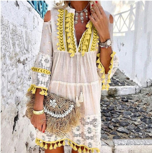 Boho Lace Tassel V-Neck Dress