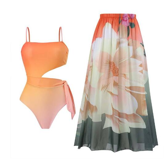 Gradient Print Fashion Swimsuit Set Cover Up Biquini Naranja Swimwear With Skirt Patchwork Women's Bandage Summer Beach - Mammalook