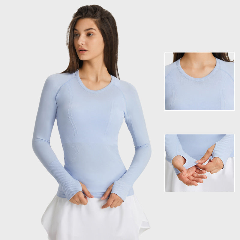 New Women's Long Sleeve Round Neck Sports T-shirt Running Fitness Top Slim Breathable Yoga Clothing - Mammalook