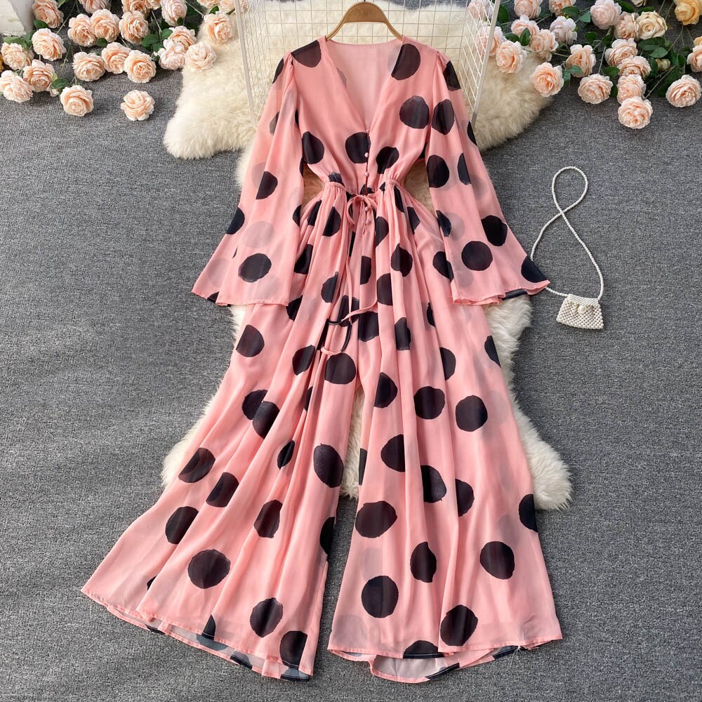Tingfly Women France Chi Polka Dot Print Bohemian Casual Wide Leg Trousers Jumpsuits Chiffon Summer Boho Beach Style Overalls - Mammalook